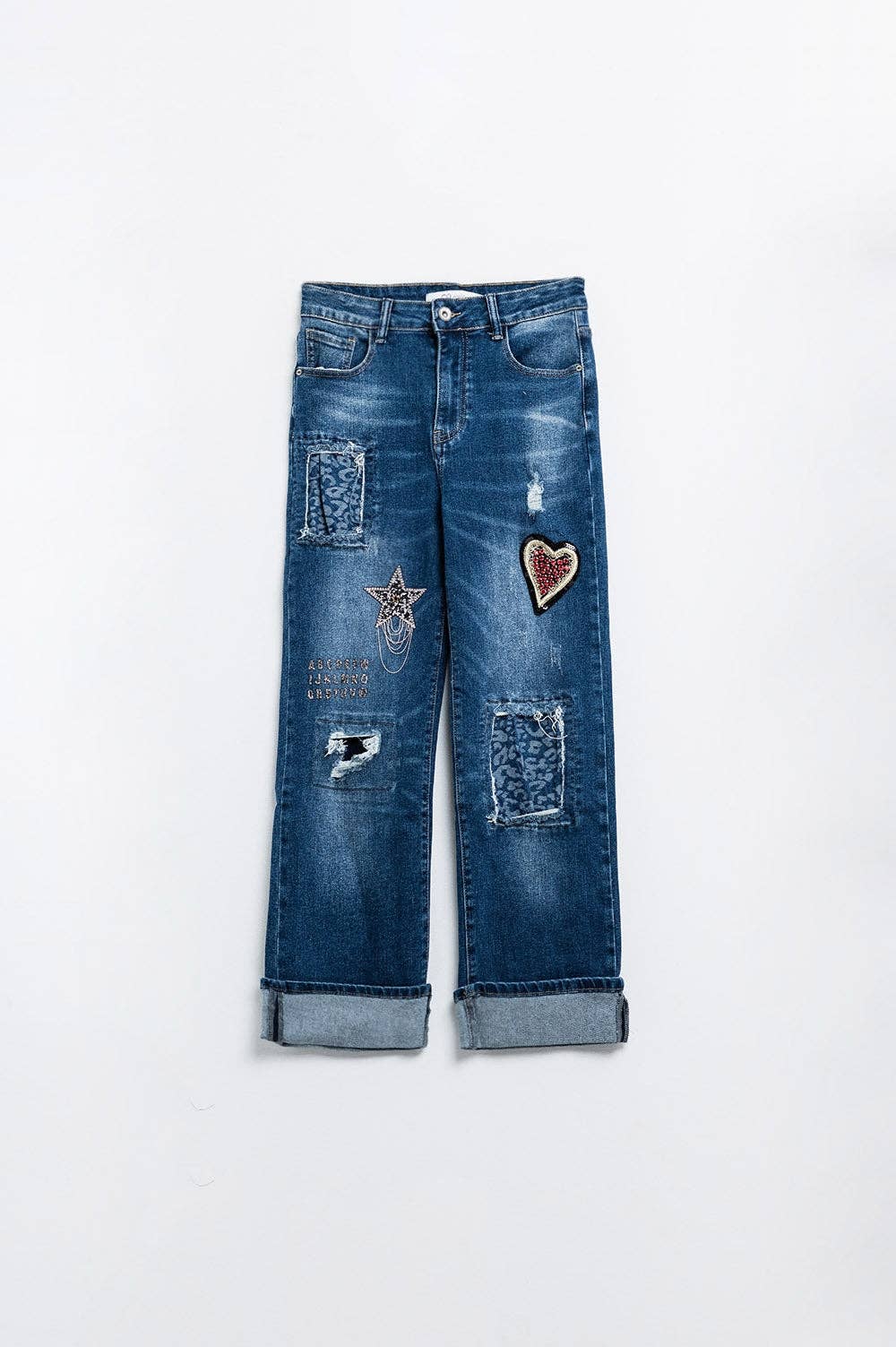 Blue Wide leg jeans embellished with some patches for wholesale on Faire5