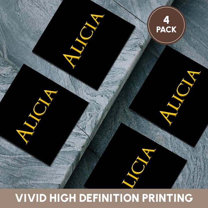 3dRose - Wholesale Coasters - 3dRose, Alicia attractive female name in the USA. Yellow on black talisman, Coaster5