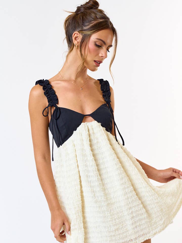 BOW STRAP DETAIL CHIFFON BABYDOLL DRESS for wholesale by Blue Blush