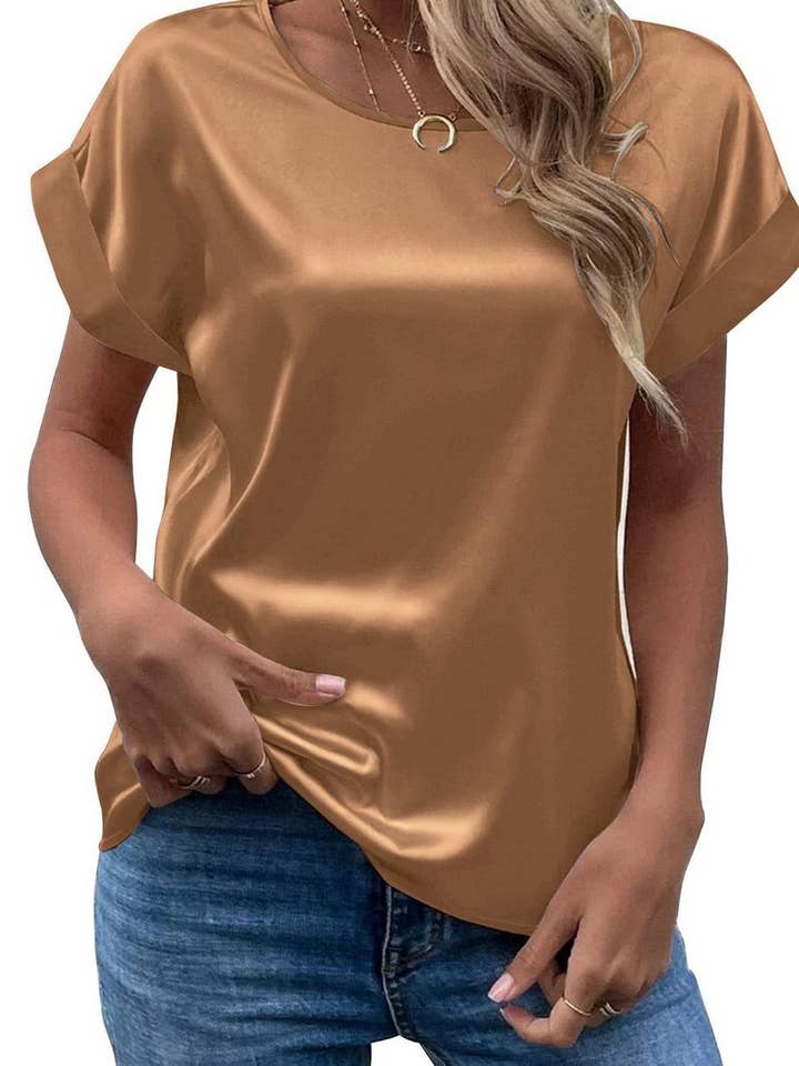NINEXIS - Wholesale Blouse - Women's - CWTBLS1775_SATIN ROUND NECK LOOSE SHORT-SLEEVED TOP9