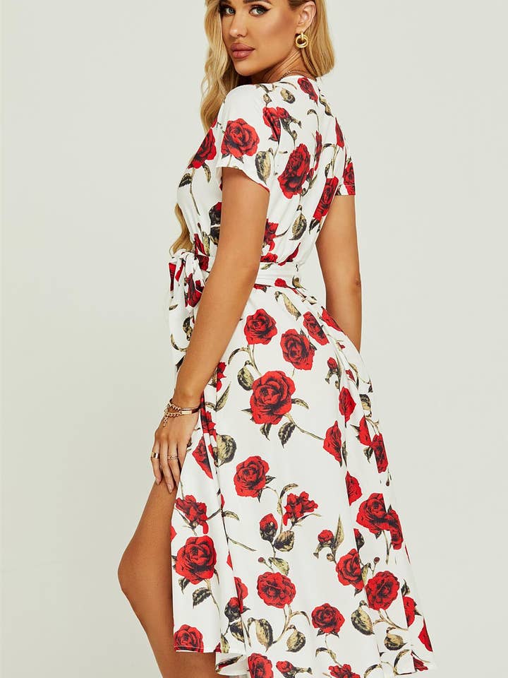 FS Collection - Wholesale Dress - Women's - Red Floral Print High Waist Wrap Midi Dress In White