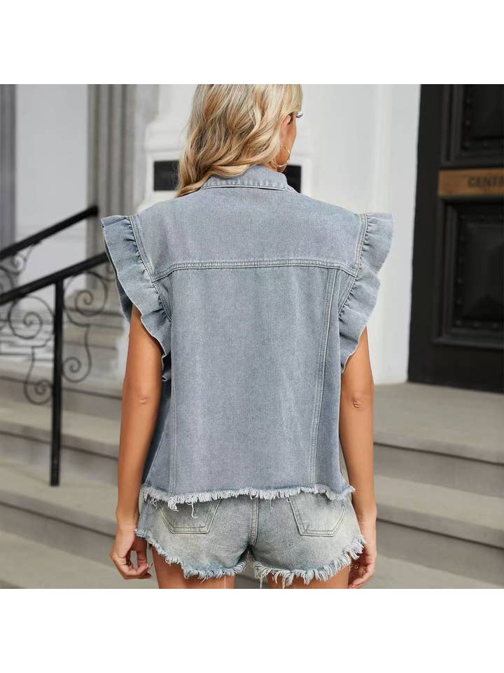 Miss Sparkling - Wholesale Outerwear Vest - Women's - Short sleeve ruffle denim vest1