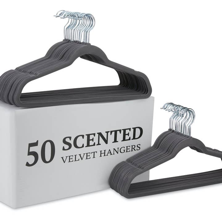 Premium Non-slip Scented Velvet Hangers - Heavy Duty Clothes Hanger - Ultra Thin Space Saving 360 Degree 50 Pack French Lavender for wholesale by HangAroma