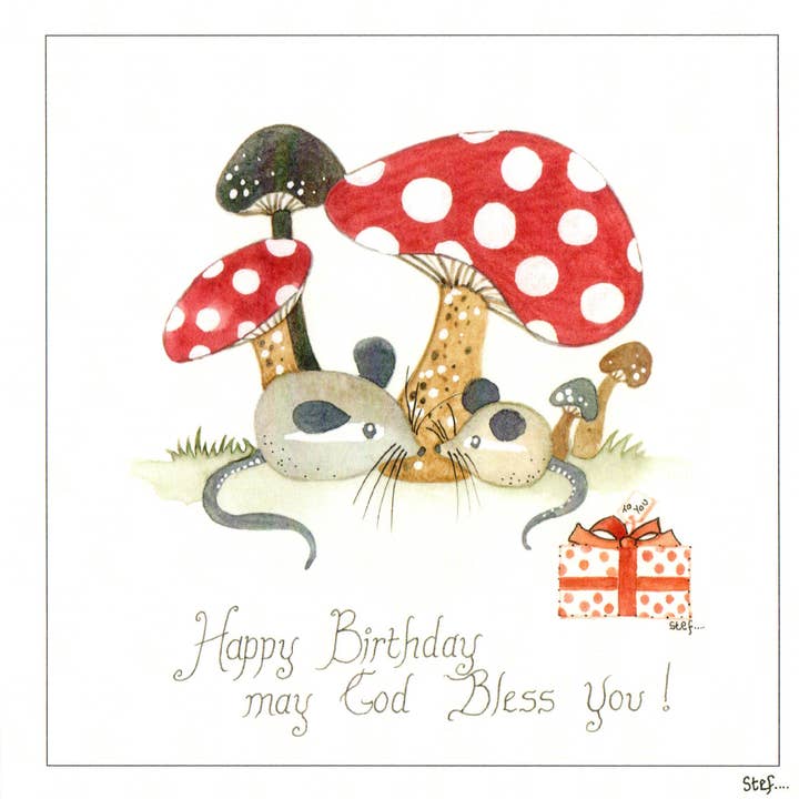 Christian Mice and Mushrooms Happy Birthday for wholesale by Cheshire card company