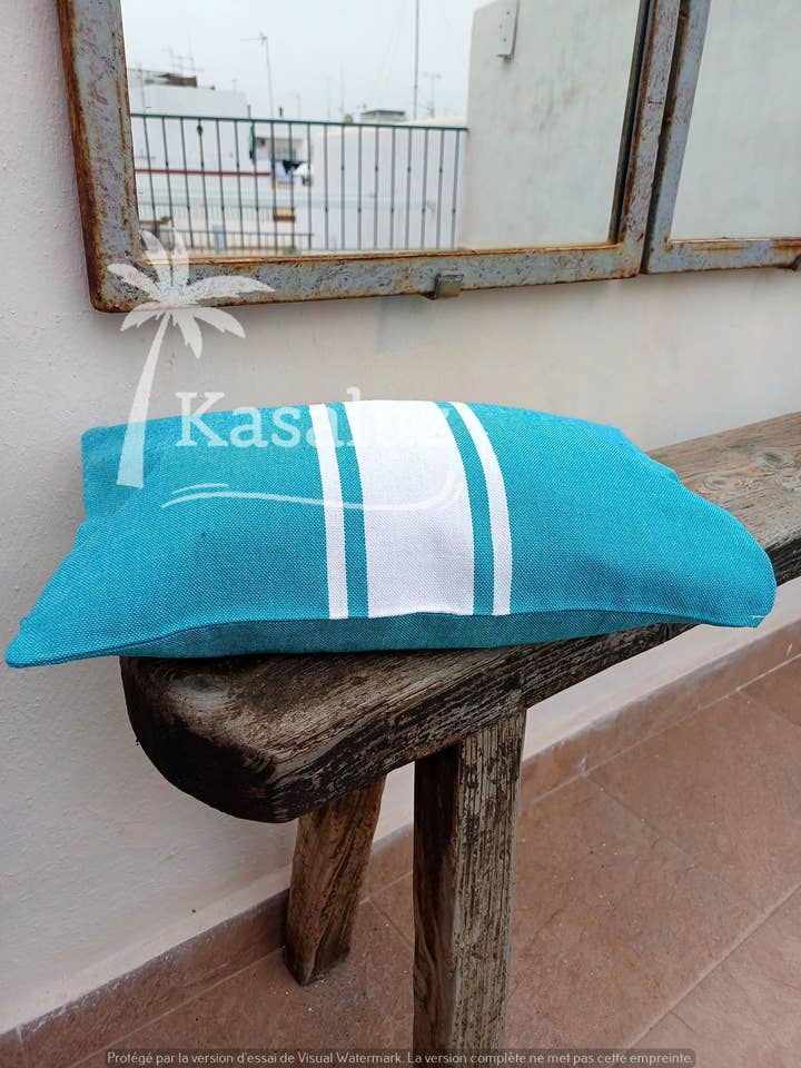 Inflatable beach cushion Auténtica Peacock Blue 100% cotton for wholesale by KASALUZ