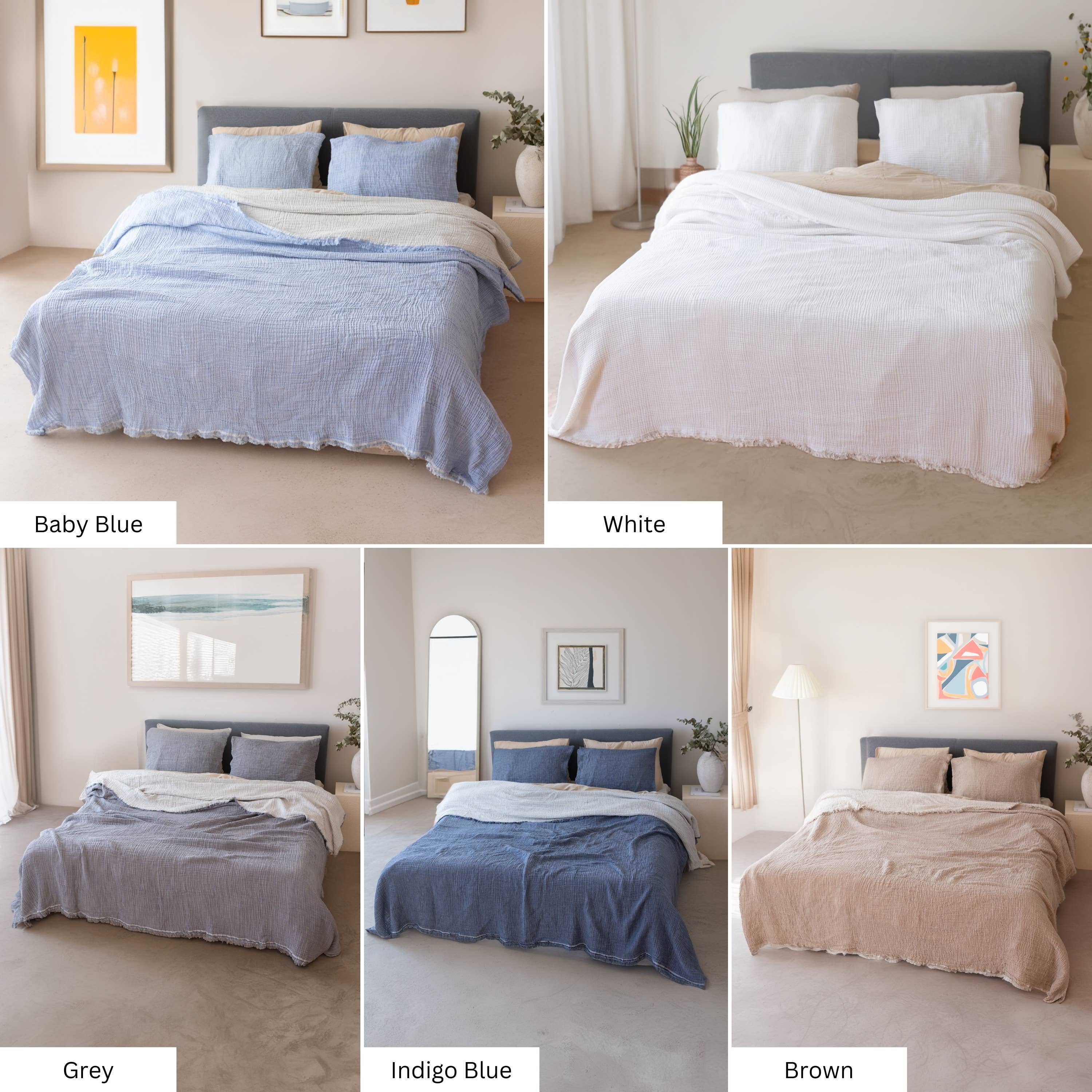 Vivamaison - Vente Plaids - Couvre-lit en mousseline frangé 100 % coton doux, 4 couches premium143