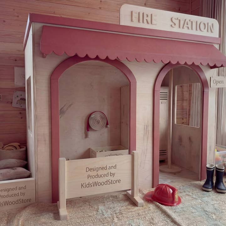 Wooden Kids Pretend Playhouse | Custom Indoor Role Play Fire Station Playhouse for Home & Commercial Use for wholesale by Kids Wood Store