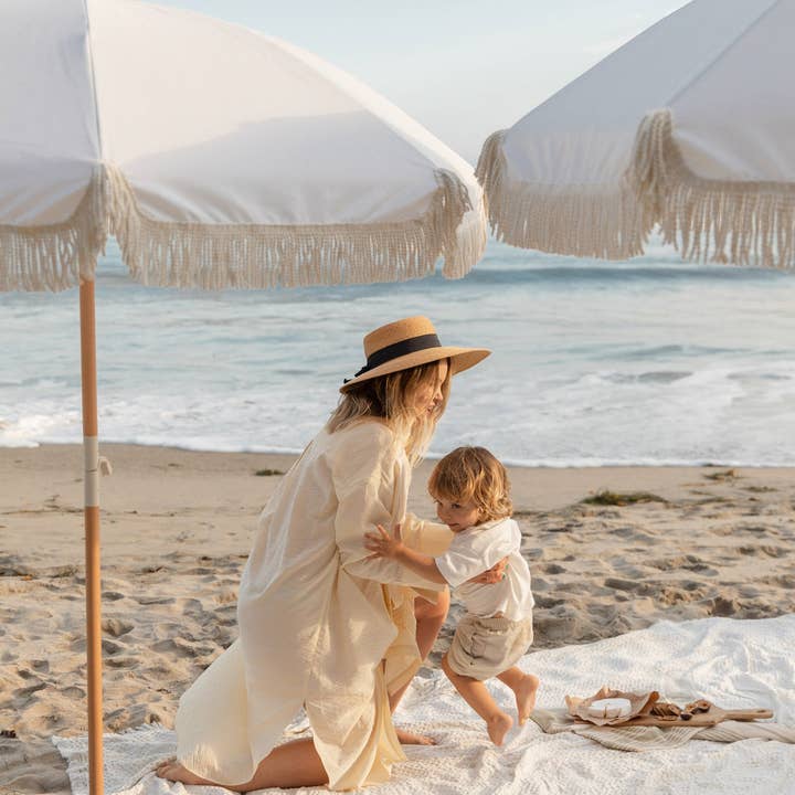 Wind & Sea - Wholesale Beach Umbrella - White Pearl Fringe Tassel Beach Umbrella