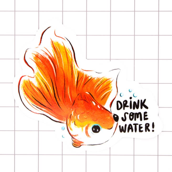 Drink Some Water Goldfish vinylsticker voor wholesale door Amy Hartelust Art and Illustration