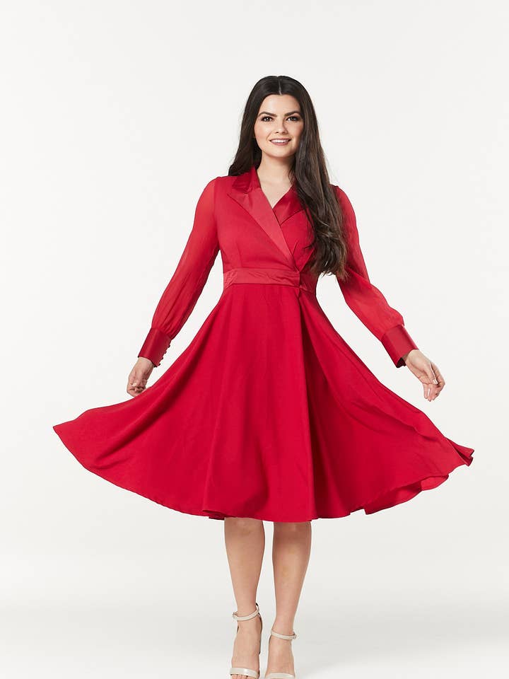 Polly Midi A- Line Long Chiffon Sleeves Red Dress for wholesale by Timeless London