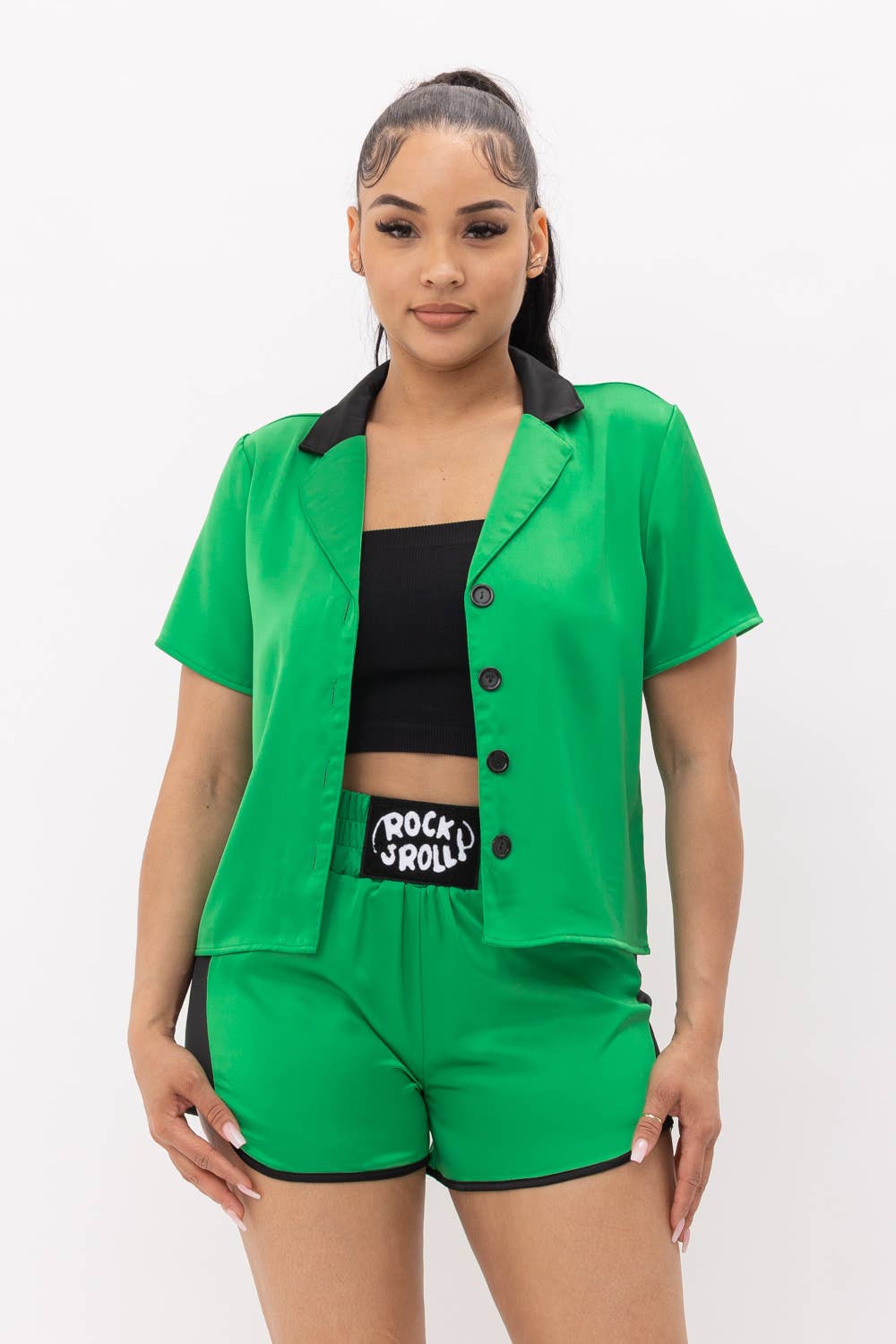 Julia by LoveJ – wholesale Set med topp och shorts – Dam – Button Down kontrast topp och främre Rock & Roll Shorts Set1