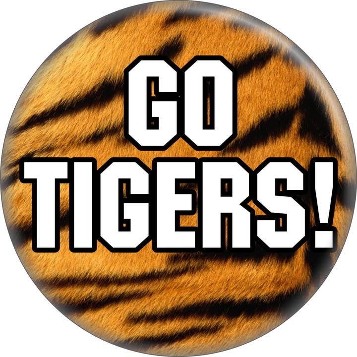 Pin-on Button - 2 Size Options - "Go Tigers!" for wholesale by Square Deal Recordings & Supplies