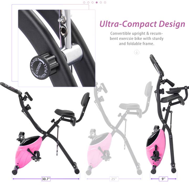 Orange County Decor - Wholesale Fitness Equipment - Folding Exercise Bike, Fitness Upright And Recumbent X Bike With 16 Level Adjustable Resistance, Arm Bands And Backrest Pink Metal6