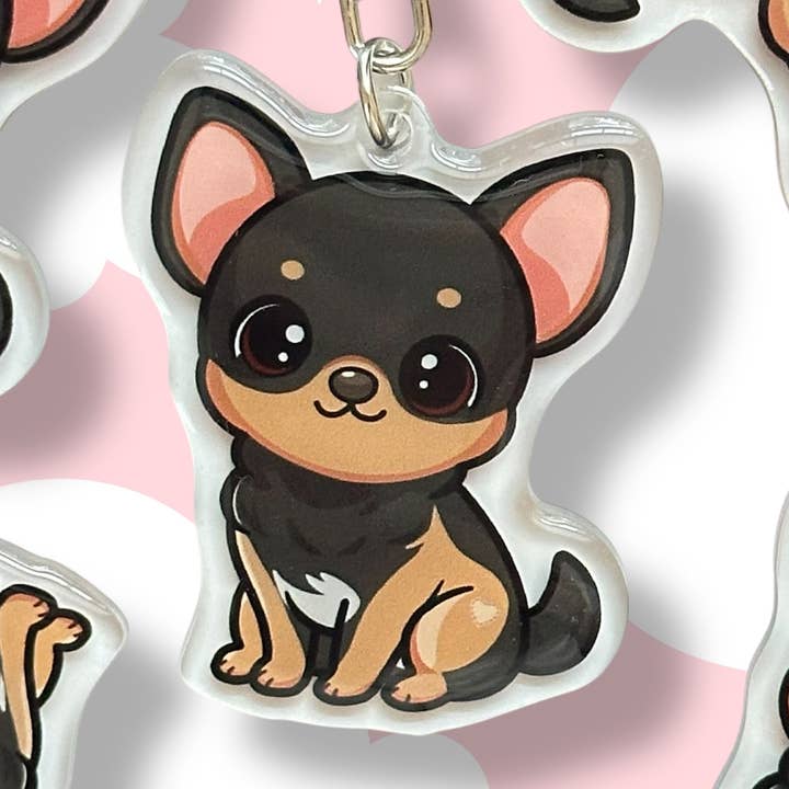 Schwarz-brauner Chihuahua Acryl-Hundeschlüsselanhänger mit Epoxidharz | Einfacher Clip, niedlicher Hundecartoon, handgezeichnetes Design, Geschenk für Hundeliebhaber für den Großhandel von Milly Made Designs