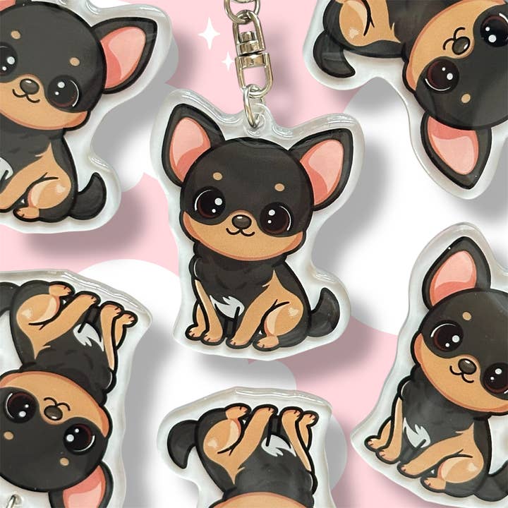 Zwart en Tan Chihuahua Acryl Honden Sleutelhanger met Epoxyhars | Gemakkelijk te Bevestigen, Schattige Honden Cartoon, Handgetekend Ontwerp, Cadeau voor Hondenliefhebbers voor wholesale door Milly Made Designs