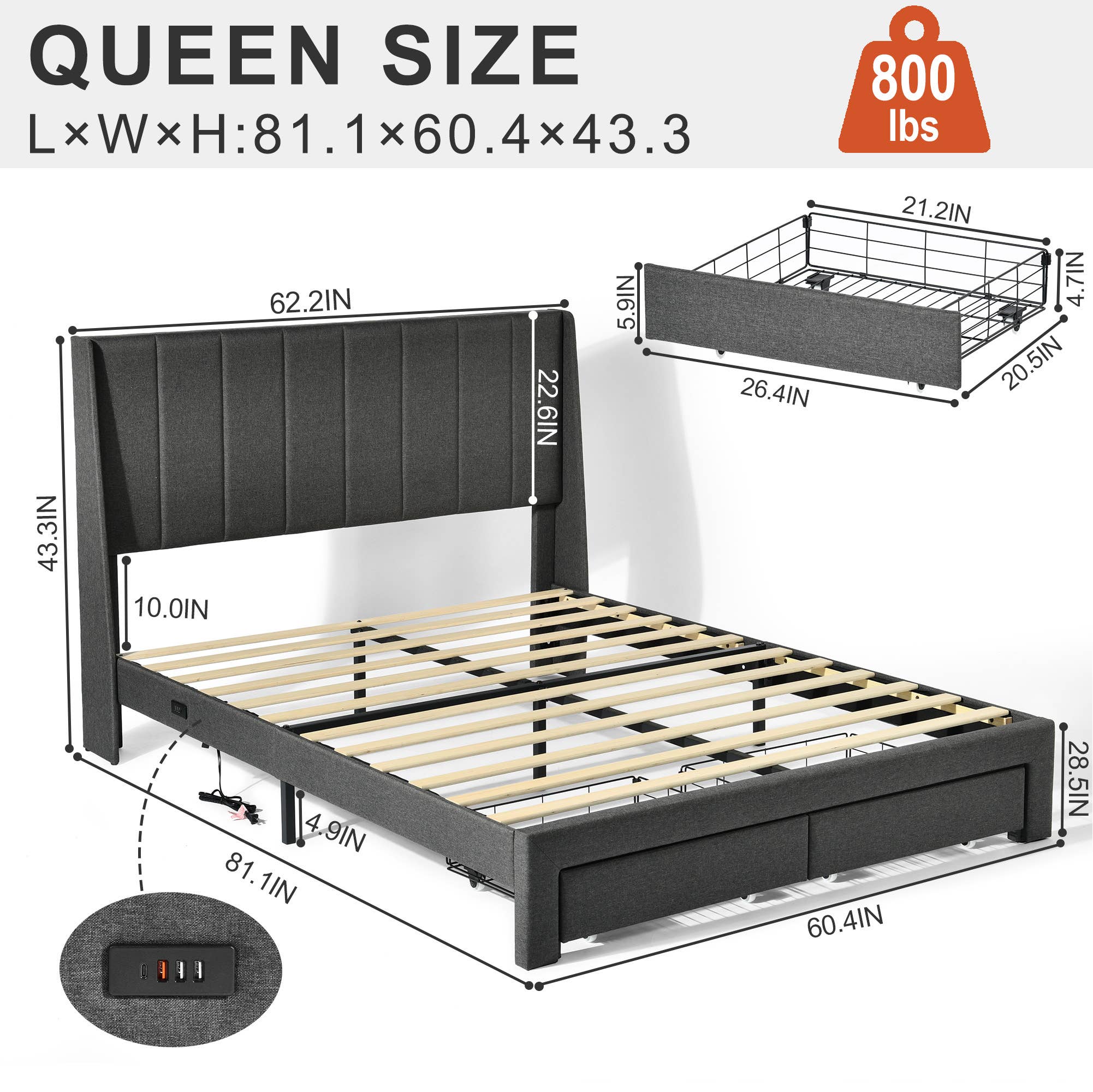 39F Inc. - Wholesale Bed - Queen Size Upholstered Platform Bed Frame w 2 Drawers &USB3