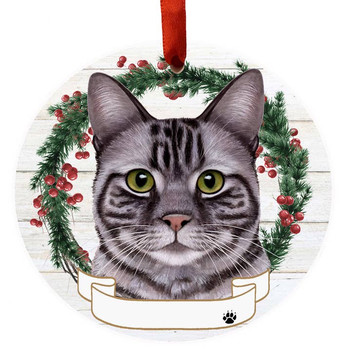 Silver Tabby Cat Ceramic Wreath Ornament for wholesale by E&S Pets