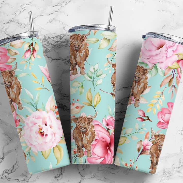 Highland Cow Pink Floral Tumbler for wholesale by Beautiful Creations by Laney