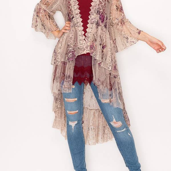 Ethereal Lace Tiered High-Low Kimono Cardigan - 4508 TAUPE/2 ROSE and other Purchase Wholesale 4505. Free Returns & Net 60 Terms on Faire trending on Faire.