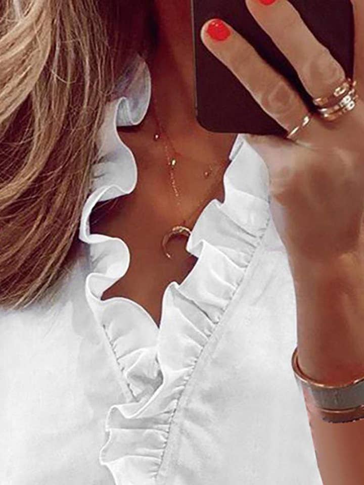 Queen Fashion - Wholesale Blouse – Women’s - vneck short sleeve ruffle hem top3