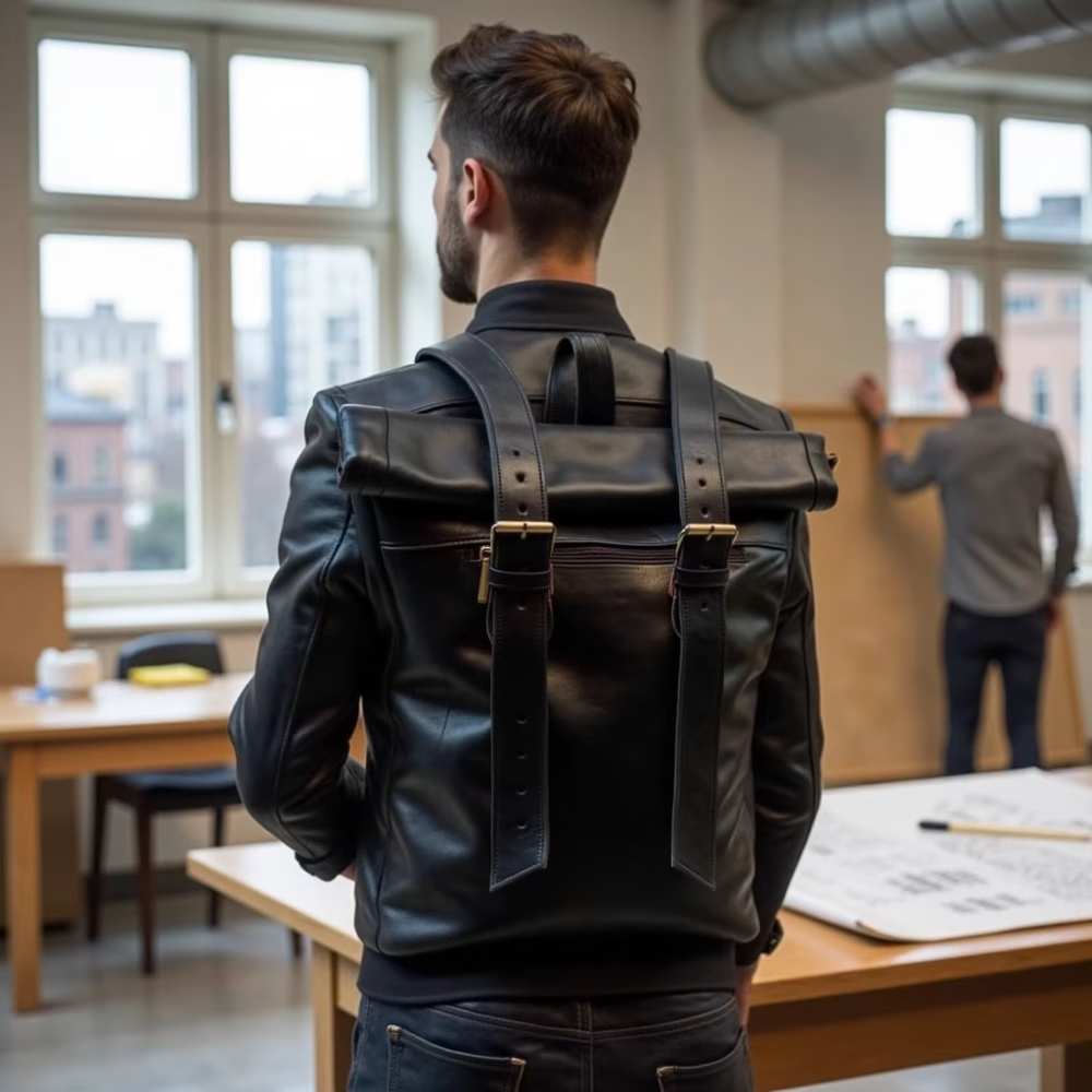 High crafty – wholesale Backpack – Unisex – Urban Black Leather Backpack – Handcrafted Rolltop Design6