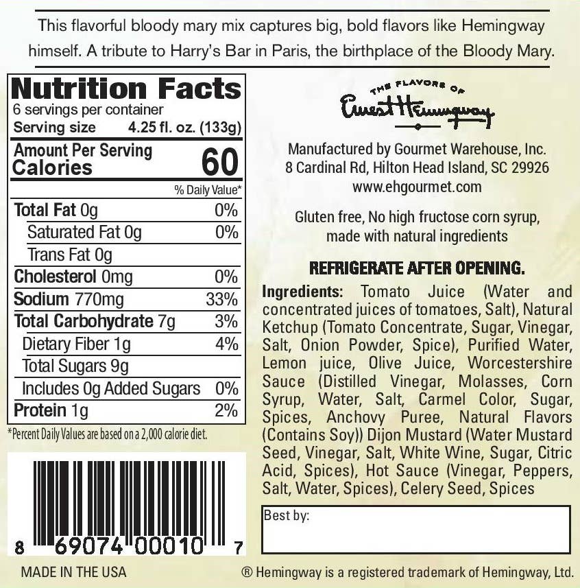 Gourmet Warehouse Brands - Wholesale Cocktail Mix/Syrup - Hemingway "The Sun" Bloody Mary Mix1