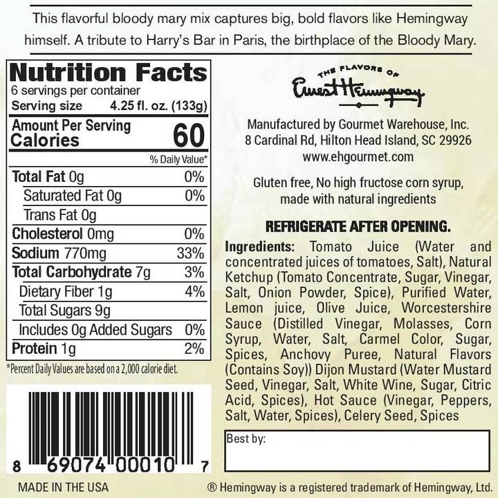 Gourmet Warehouse Brands - Wholesale Cocktail Mix/Syrup - Hemingway "The Sun" Bloody Mary Mix1