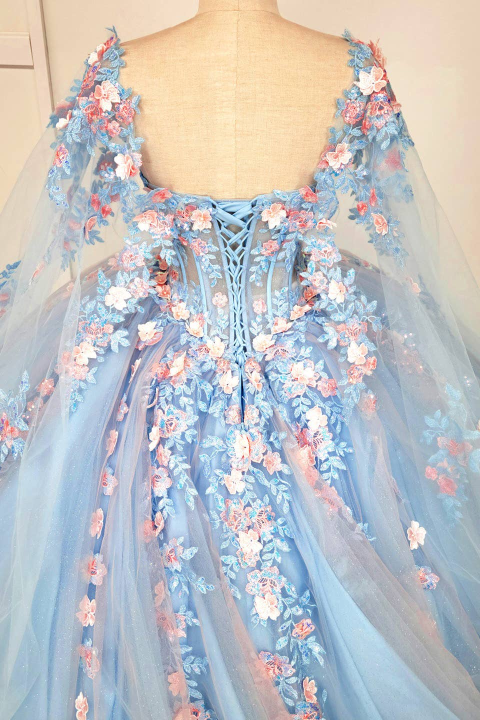 Baby Blue Quinceanera Dress With Pink Flowers and Cape CHF3117 for wholesale on Faire5