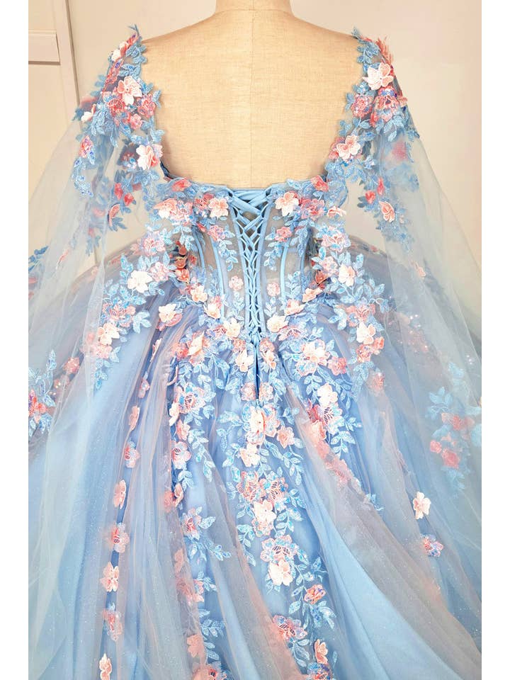 Baby Blue Quinceanera Dress With Pink Flowers and Cape CHF3117 for wholesale on Faire5