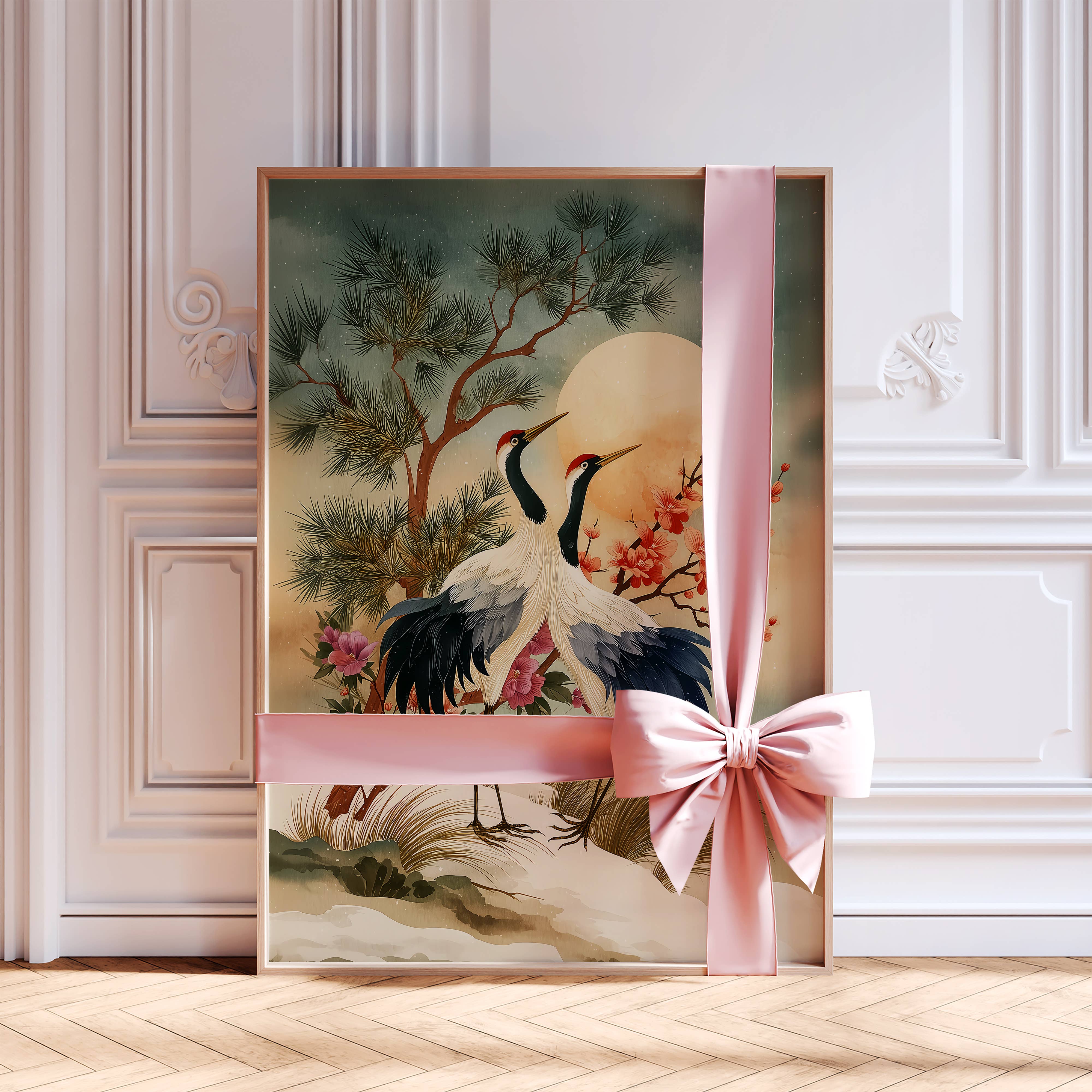 IuliiaArtPrints – wholesale Art print – Winter Red-Crowned Cranes, Japanese Snow Landscape Art Print3