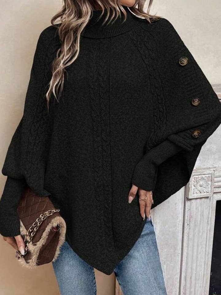 safistyle - Wholesale Poncho - Women's - Cable Knit Button-Accent Poncho Sweater5