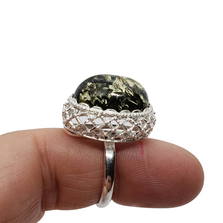Amberman - Vendita all'ingrosso Anelli cocktail/statement - Anello regolabile in argento sterling con ambra verde