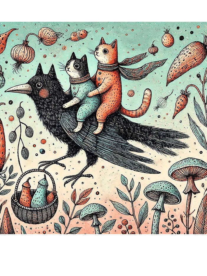 Whimsical Animal Art Print, Cats & Crow, 12x12 for wholesale by Thistle and Tale Press