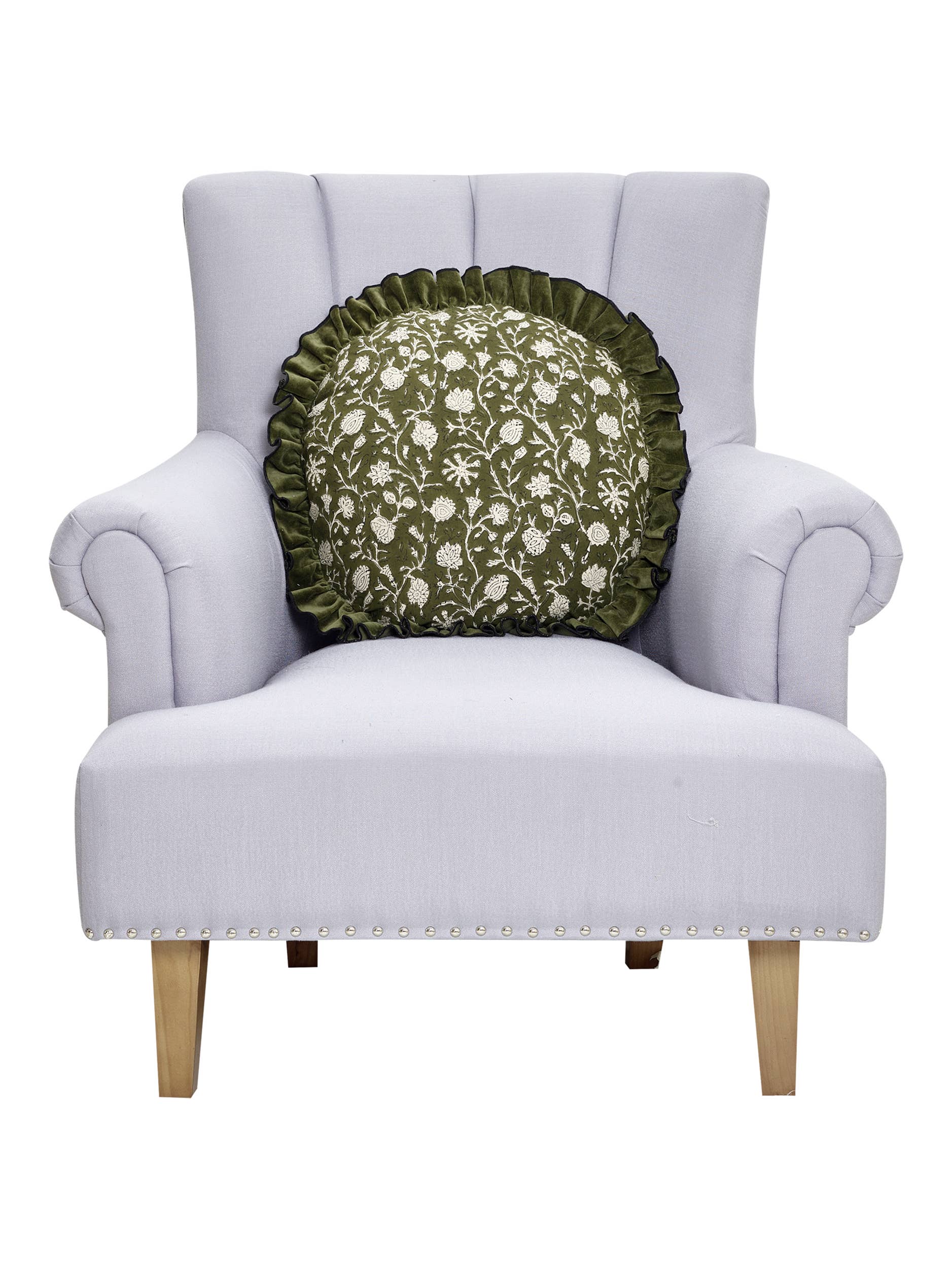 Peking Handicraft - Wholesale Throw/Decorative Pillow - Block Print Round Ruffle Vine Pillow1