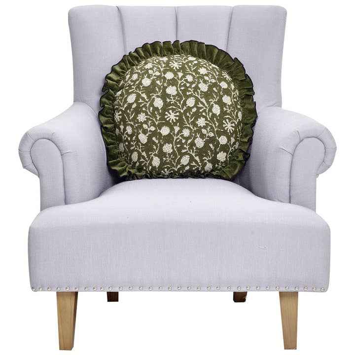 Peking Handicraft - Wholesale Throw/Decorative Pillow - Block Print Round Ruffle Vine Pillow1