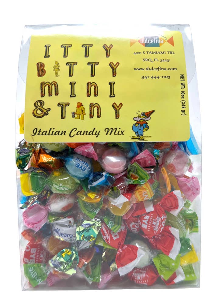 Italian Itty Bitty Mini & Tiny 10 Oz Clear Tab Top Box for wholesale by Dulcefina Chocolate and Sweets