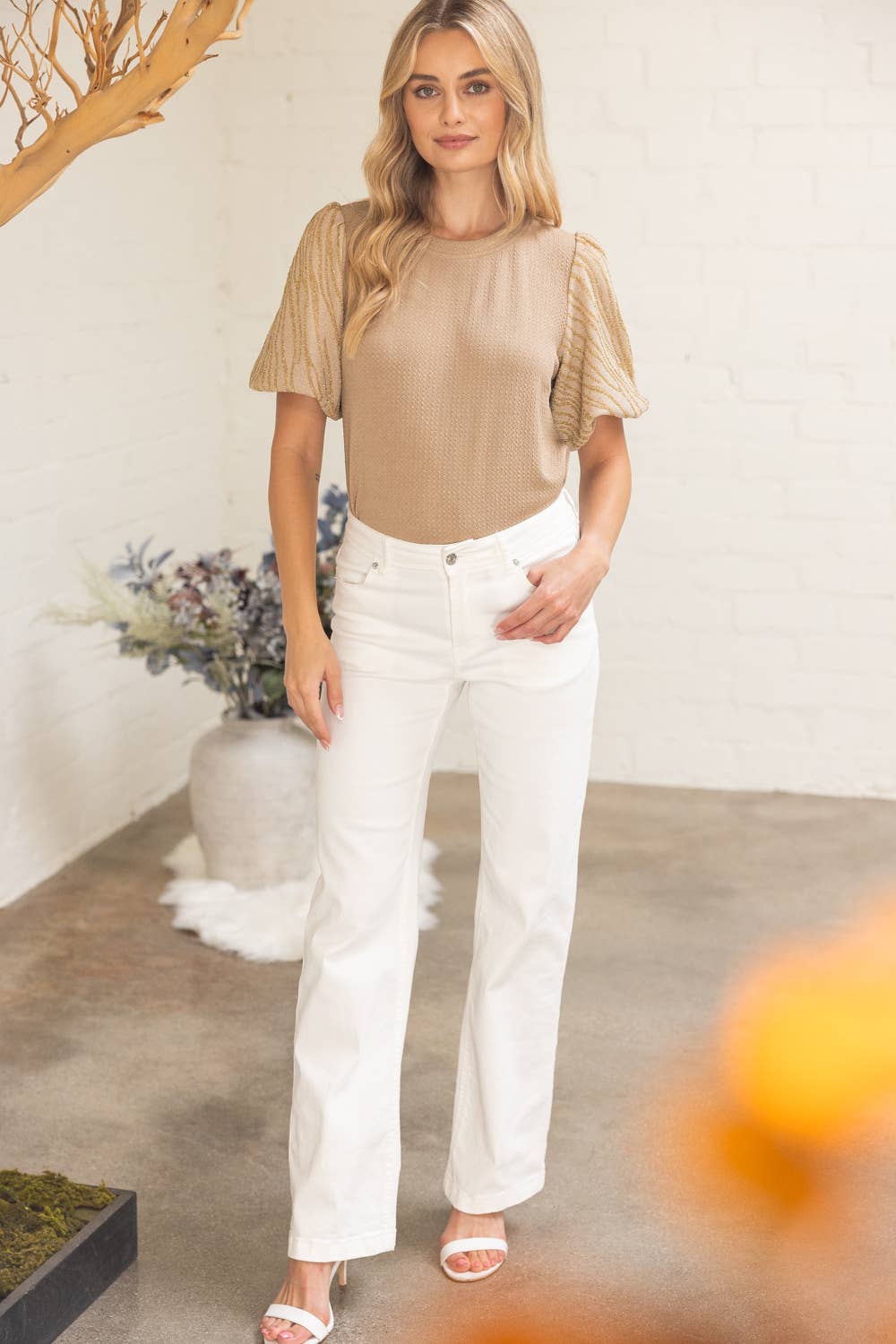 Tan 36167 Lurex Zebra Pattern Puff Sleeve Textured Knit Top for wholesale on Faire5