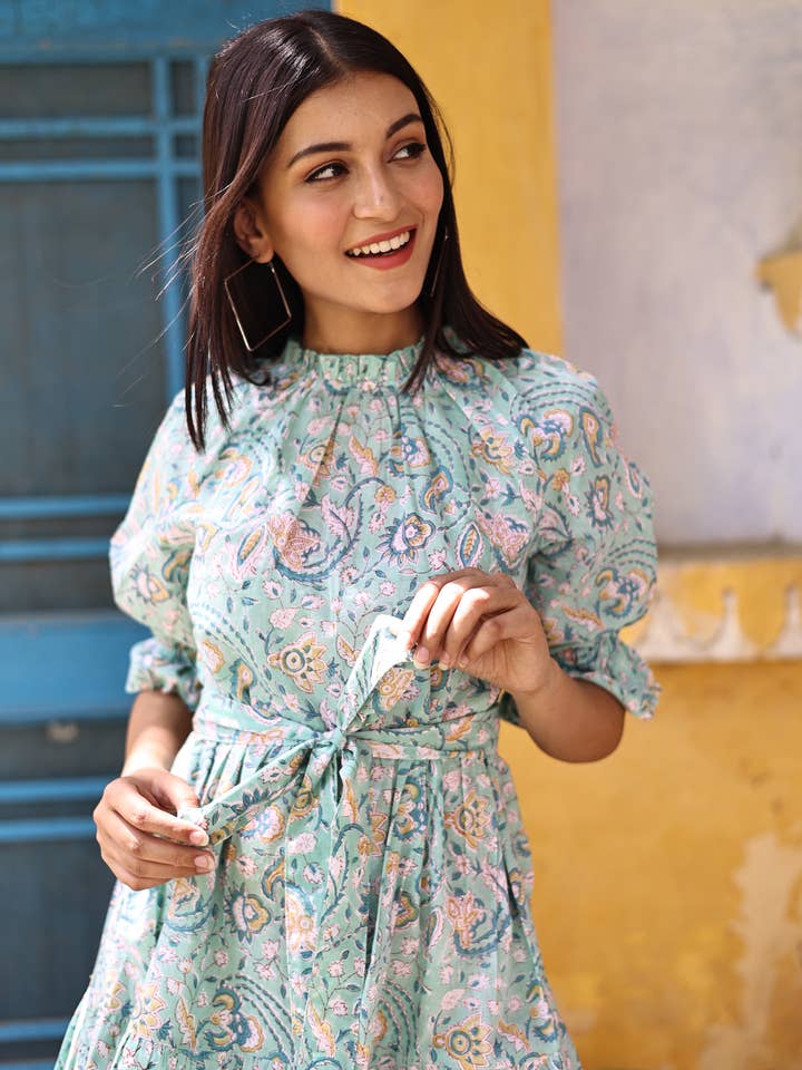 The Fox and The Mermaid - Wholesale Dress - Women's - Block Printed Puff Sleeve Dress (Sitara dress)