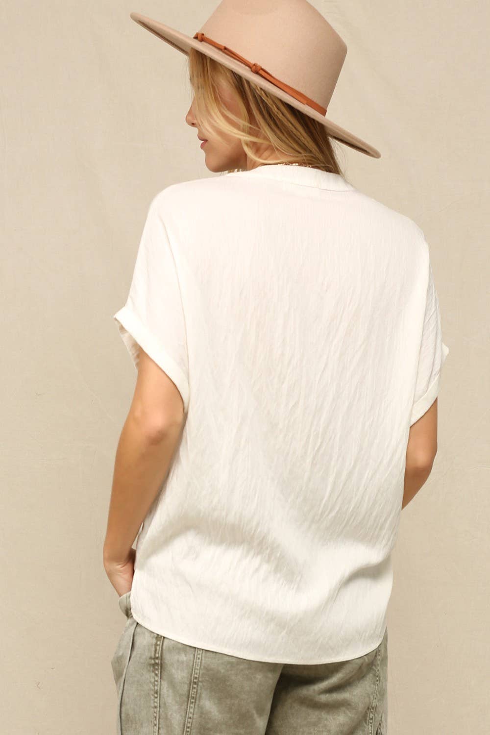 Off White Silk V-Neck Top Wite Rolled Cap Sleeves for wholesale on Faire4