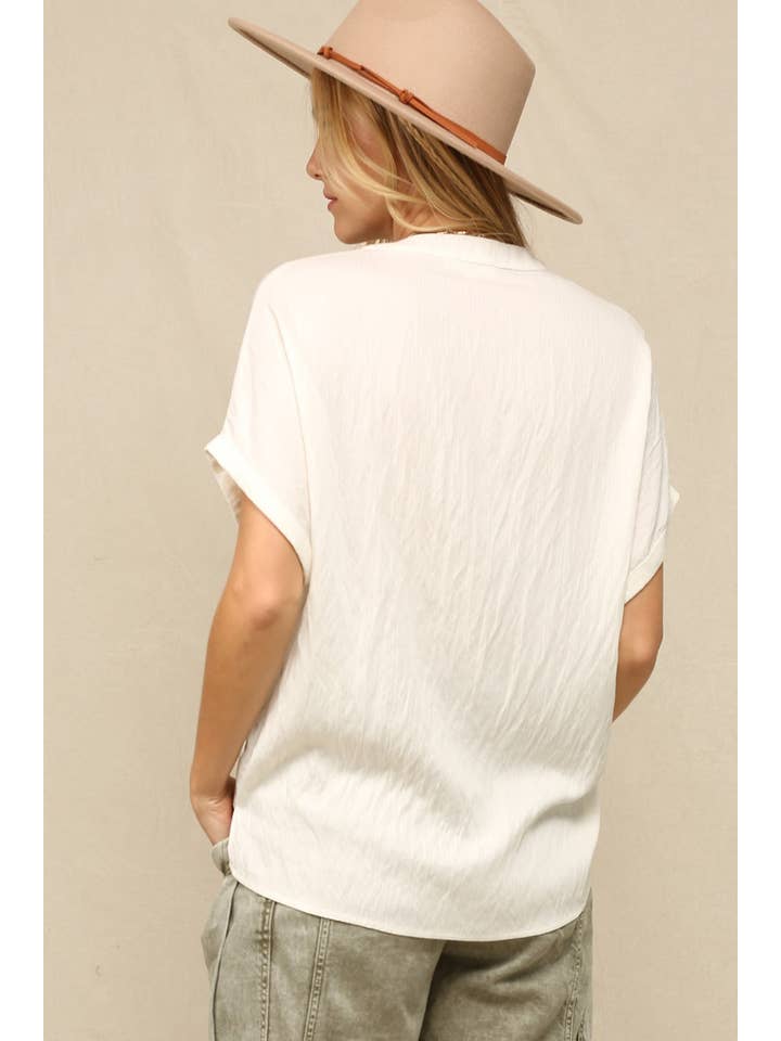 Off White Silk V-Neck Top Wite Rolled Cap Sleeves for wholesale on Faire4