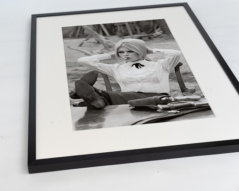 Black Brigitte Bardot on Set. Wall art print with frame. for wholesale on Faire14
