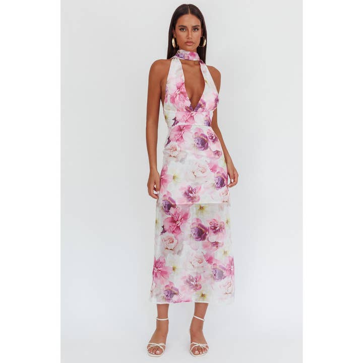 ABITO MAXI FLOREALE CON SCOLLO A V / BR0039D03 per la vendita all'ingrosso da parte di One and Only Collective
