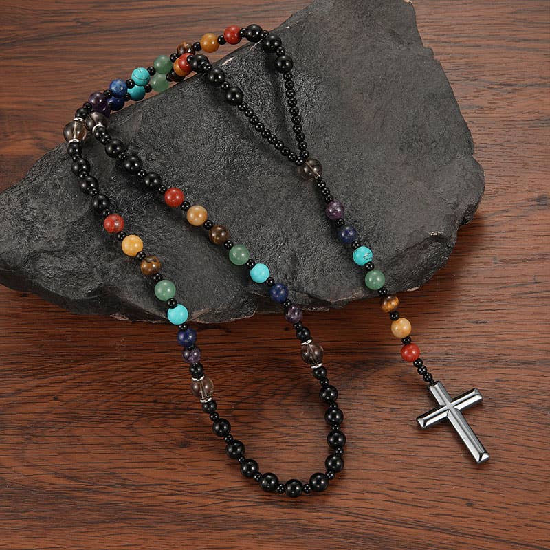 Gemcohub - Wholesale Spiritual Stone/Crystal - Beads Multicoloured Natural Stone Cross Rosary Necklace1