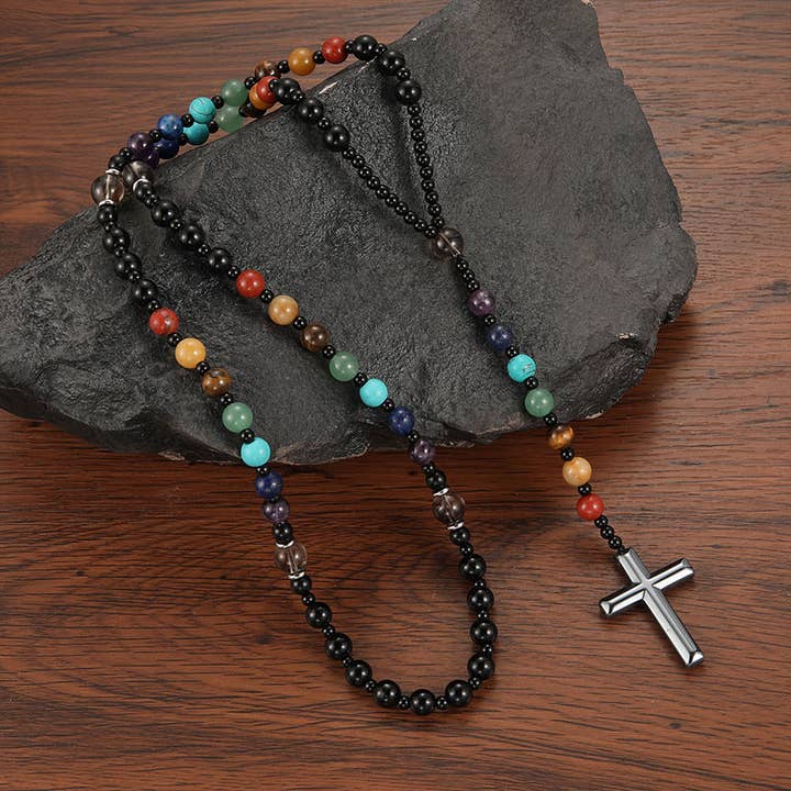 Gemcohub - Wholesale Spiritual Stone/Crystal - Beads Multicoloured Natural Stone Cross Rosary Necklace1