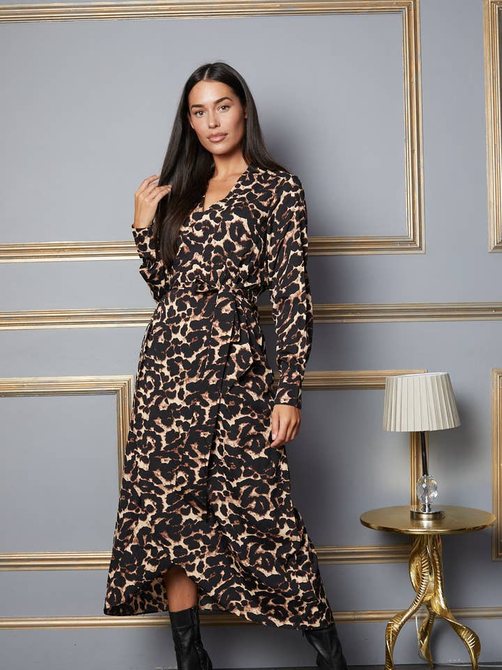 Wrap Leopard Print Dress in Polyester Satin for wholesale by Timeless London