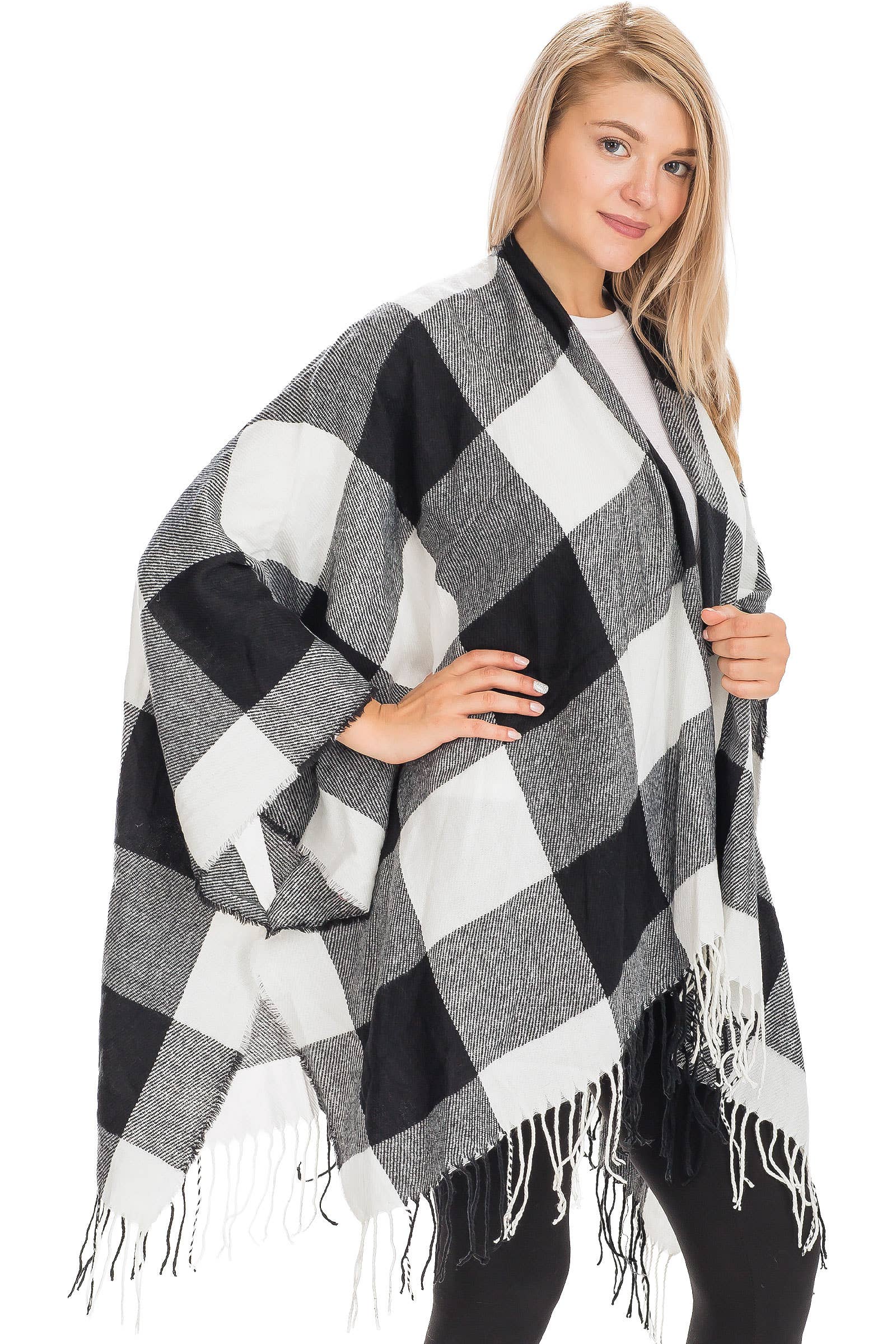 Cap Zone – wholesale Poncho – Women's – Classic Buffalo Check Plaid Ruana Poncho12