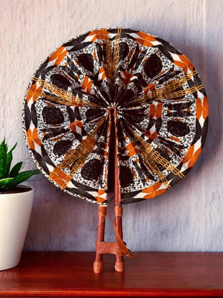 African Hand fan - Ankara print Hand fan - Kwabena - Orange for wholesale by AfricanFabs
