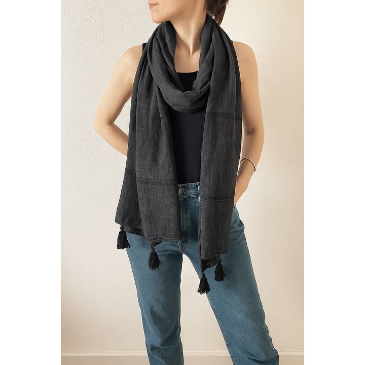 Black Plaid Garment Dye Cotton Scarf with Tassels for wholesale by Fennco Styles