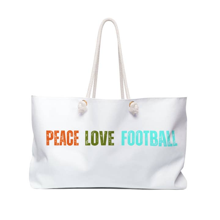 Weekender-Tasche – Peace Love Football – Übergroße Tragetasche mit Seilgriffen für den Großhandel von Restored By Nature Company