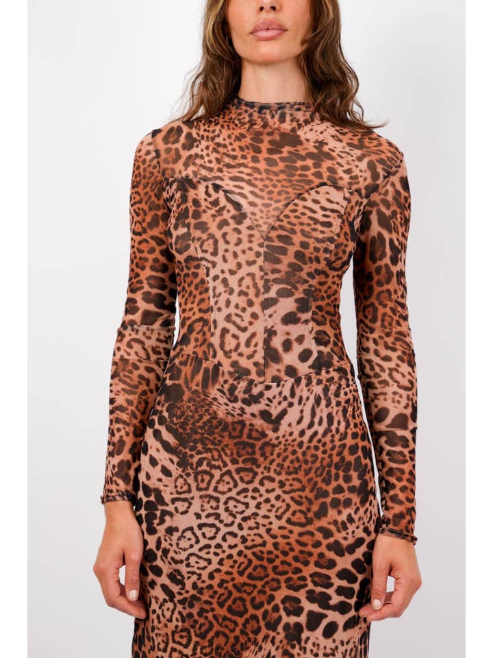 Jaded Rose – wholesale Klänning - Dam – Mia Leopard Mesh Maxiklänning - Hög hals Långärmad